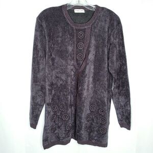 Chenille Sweater L Embroidered Circles Pullover Long Sleeve Dark Gray